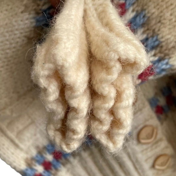 HAND KNIT Wool Chunky Knit Button Front Cardigan Sweater Cream Blue L - Picture 6 of 7